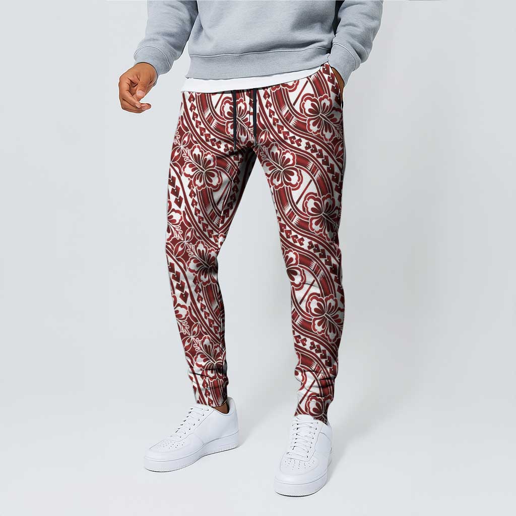 Hibiscus Bloom Island Tribal Waves Jogger Pants Red Polynesian Pattern