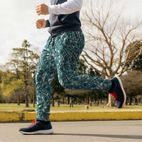 Hibiscus Bloom Island Tribal Waves Jogger Pants Teal Polynesian Pattern