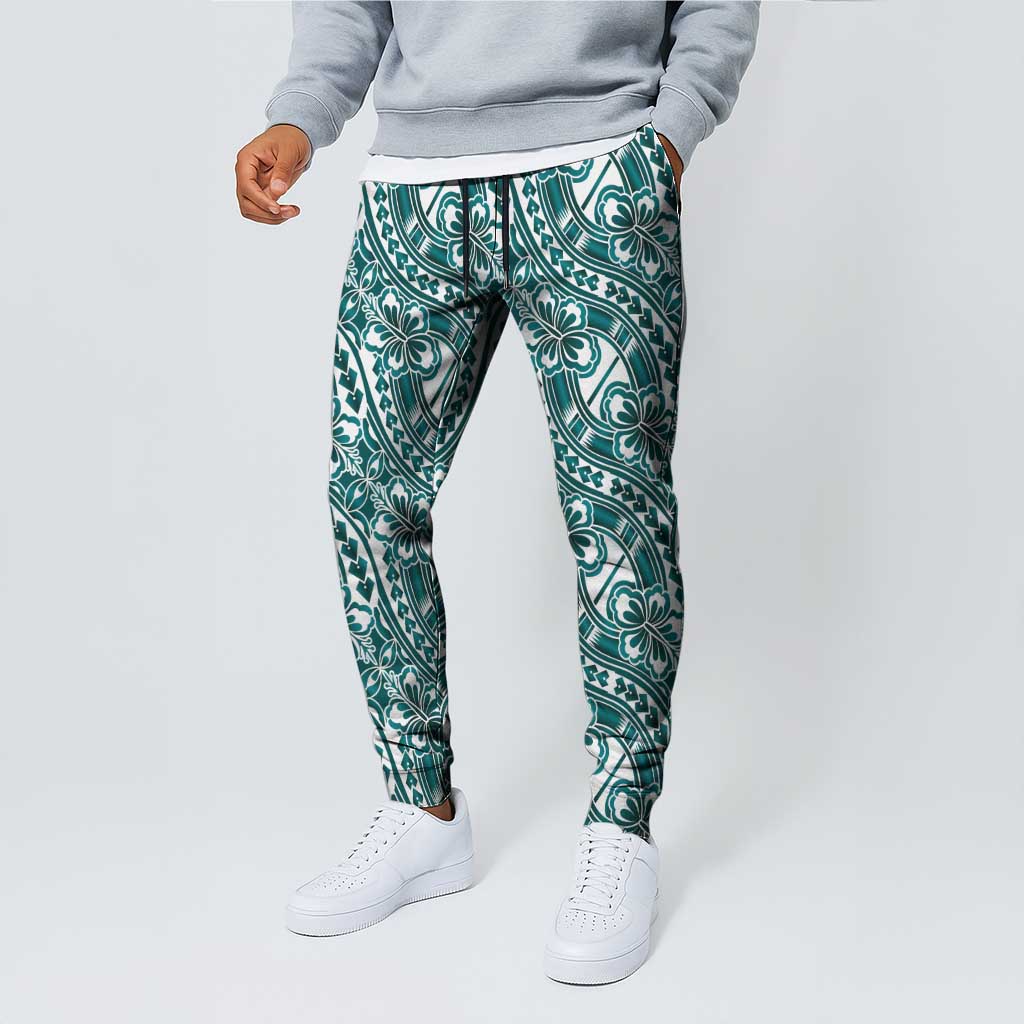 Hibiscus Bloom Island Tribal Waves Jogger Pants Teal Polynesian Pattern