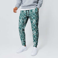 Hibiscus Bloom Island Tribal Waves Jogger Pants Teal Polynesian Pattern