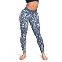 Hibiscus Bloom Island Tribal Waves Leggings Blue Polynesian Pattern
