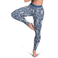 Hibiscus Bloom Island Tribal Waves Leggings Blue Polynesian Pattern