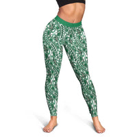 Hibiscus Bloom Island Tribal Waves Leggings Green Polynesian Pattern