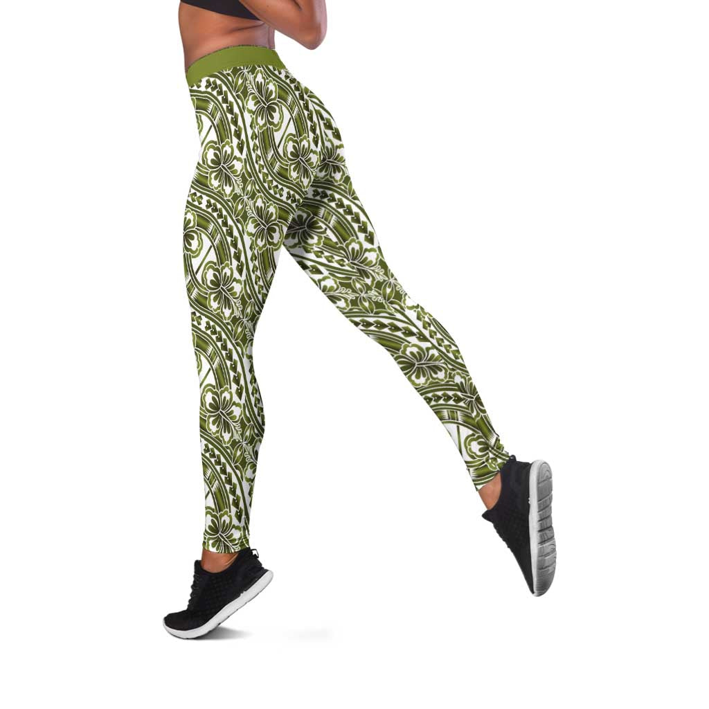 Hibiscus Bloom Island Tribal Waves Leggings Olive Green Polynesian Pattern