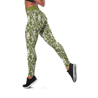 Hibiscus Bloom Island Tribal Waves Leggings Olive Green Polynesian Pattern
