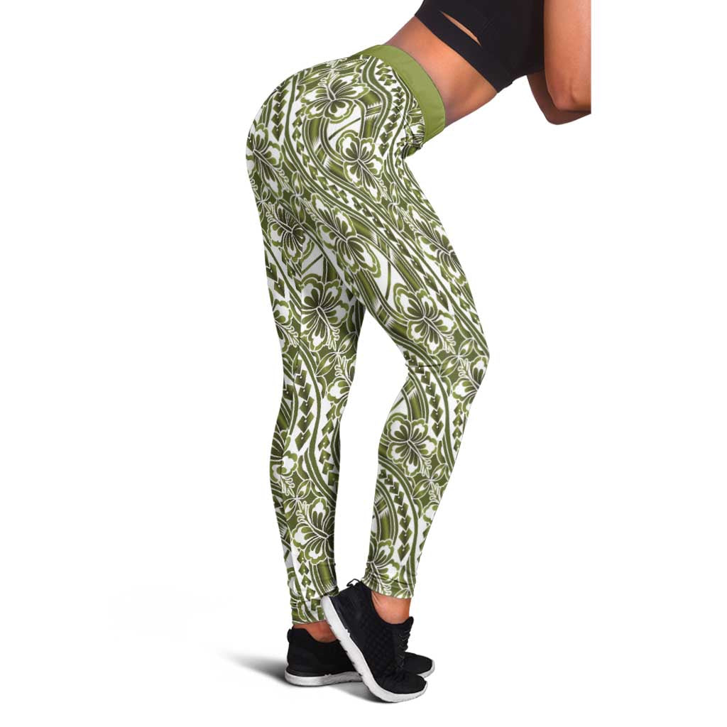 Hibiscus Bloom Island Tribal Waves Leggings Olive Green Polynesian Pattern