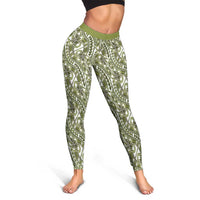Hibiscus Bloom Island Tribal Waves Leggings Olive Green Polynesian Pattern