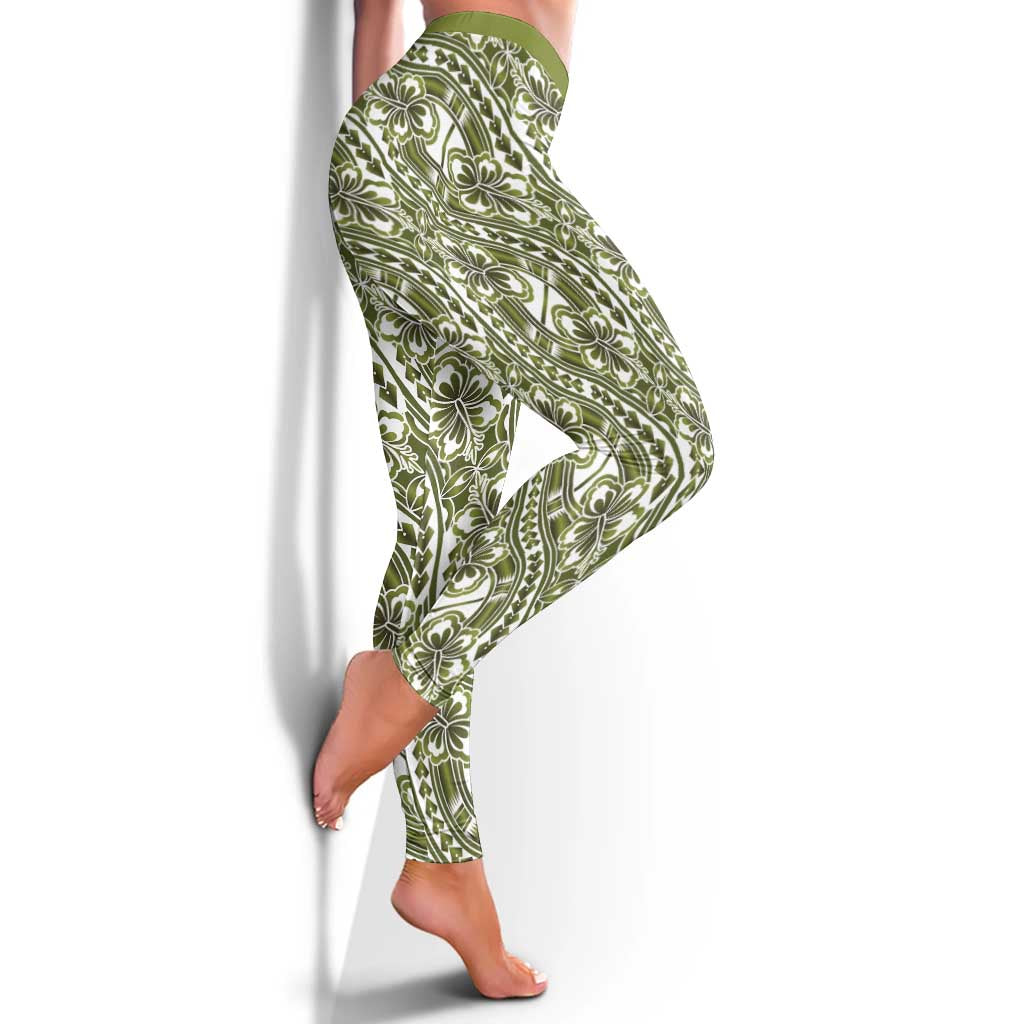 Hibiscus Bloom Island Tribal Waves Leggings Olive Green Polynesian Pattern