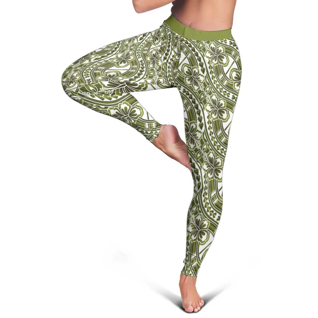 Hibiscus Bloom Island Tribal Waves Leggings Olive Green Polynesian Pattern