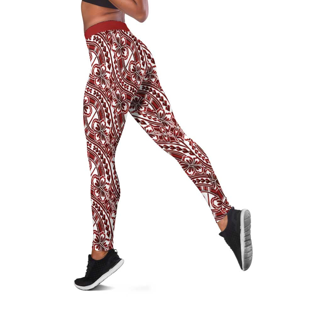 Hibiscus Bloom Island Tribal Waves Leggings Red Polynesian Pattern