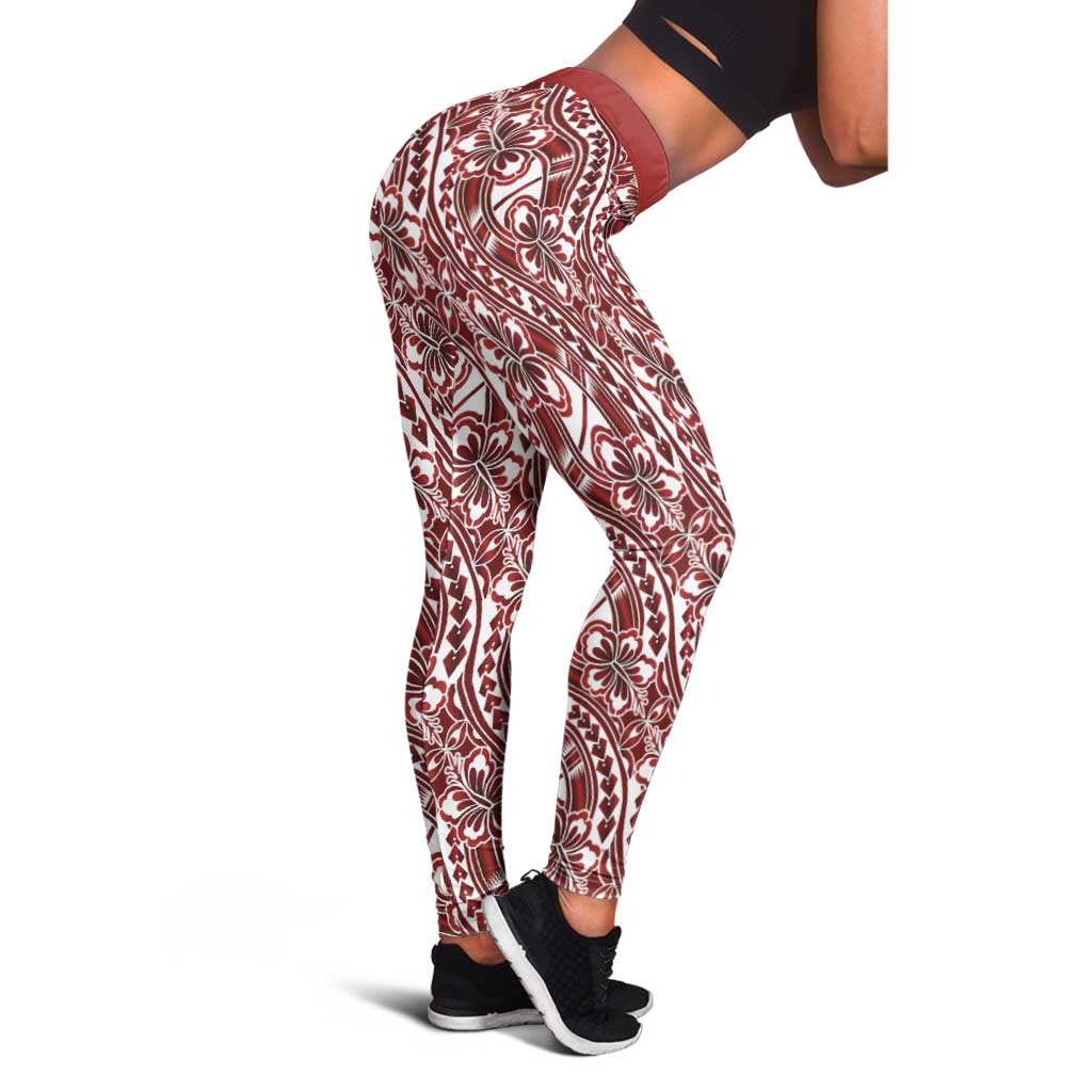 Hibiscus Bloom Island Tribal Waves Leggings Red Polynesian Pattern