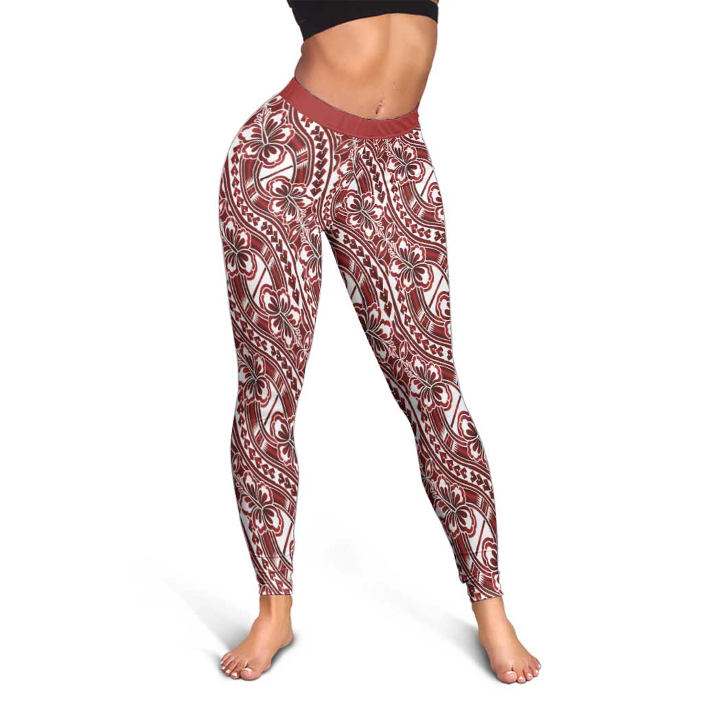 Hibiscus Bloom Island Tribal Waves Leggings Red Polynesian Pattern