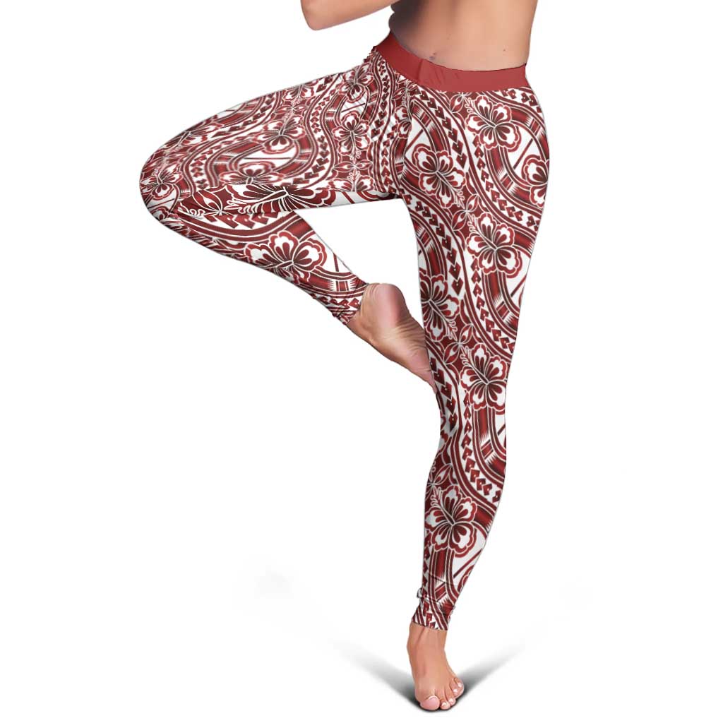 Hibiscus Bloom Island Tribal Waves Leggings Red Polynesian Pattern
