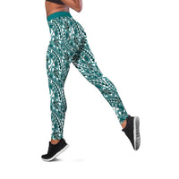 Hibiscus Bloom Island Tribal Waves Leggings Teal Polynesian Pattern