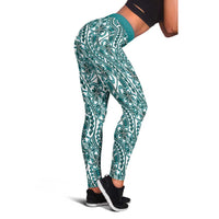 Hibiscus Bloom Island Tribal Waves Leggings Teal Polynesian Pattern