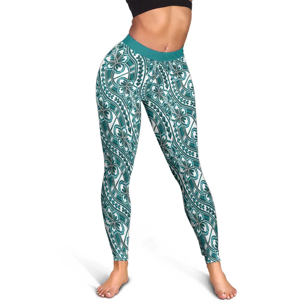 Hibiscus Bloom Island Tribal Waves Leggings Teal Polynesian Pattern