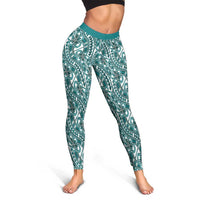 Hibiscus Bloom Island Tribal Waves Leggings Teal Polynesian Pattern