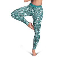 Hibiscus Bloom Island Tribal Waves Leggings Teal Polynesian Pattern
