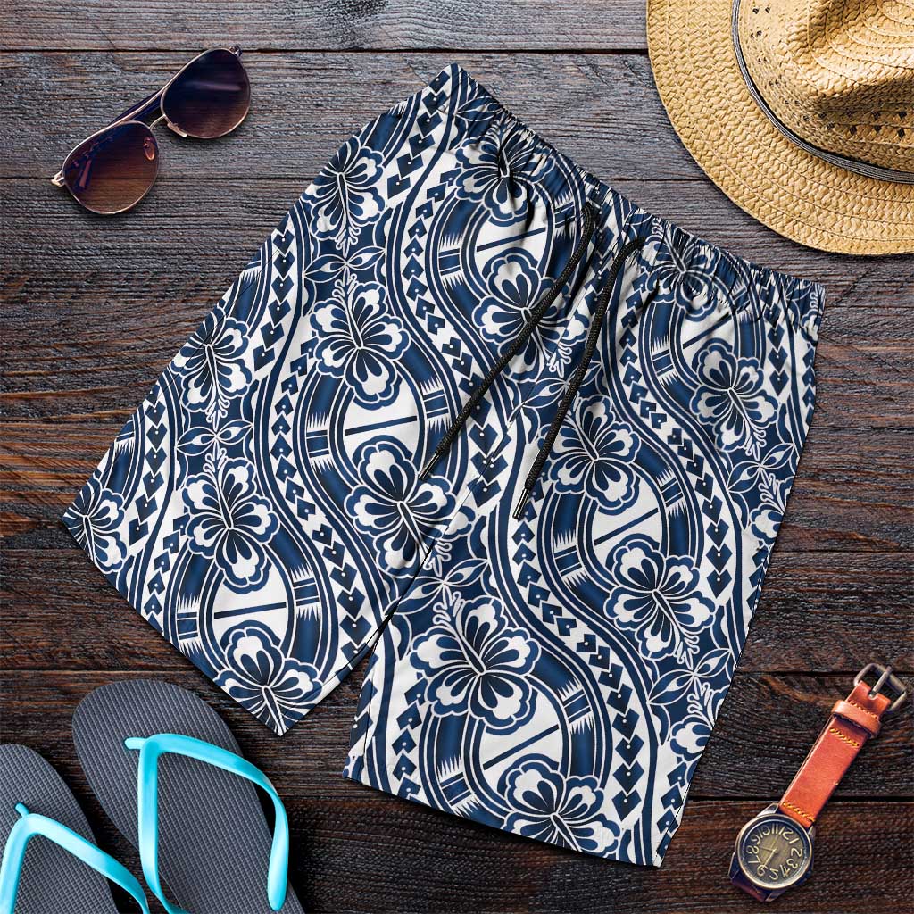 Hibiscus Bloom Island Tribal Waves Shorts for Men Blue Polynesian Pattern