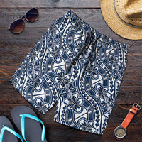Hibiscus Bloom Island Tribal Waves Shorts for Men Blue Polynesian Pattern
