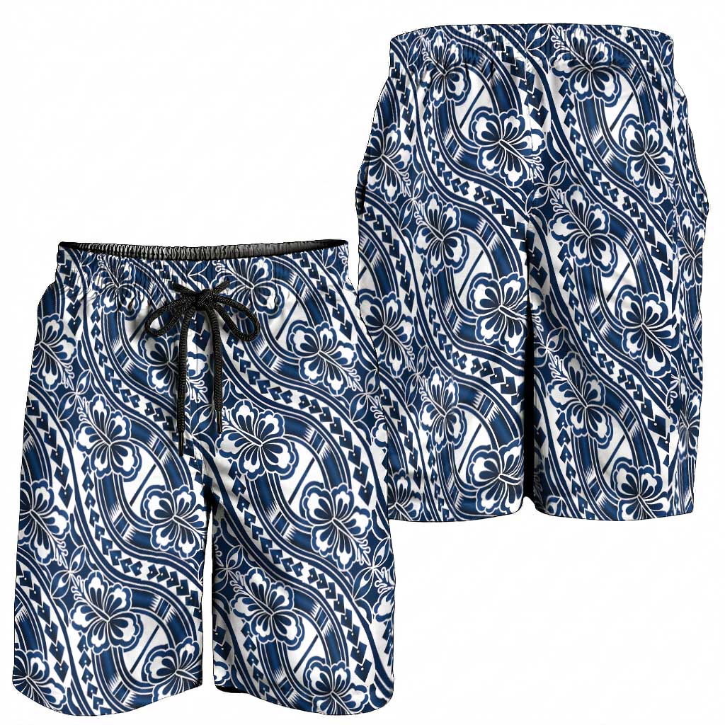 Hibiscus Bloom Island Tribal Waves Shorts for Men Blue Polynesian Pattern