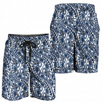 Hibiscus Bloom Island Tribal Waves Shorts for Men Blue Polynesian Pattern