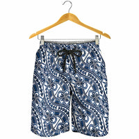 Hibiscus Bloom Island Tribal Waves Shorts for Men Blue Polynesian Pattern