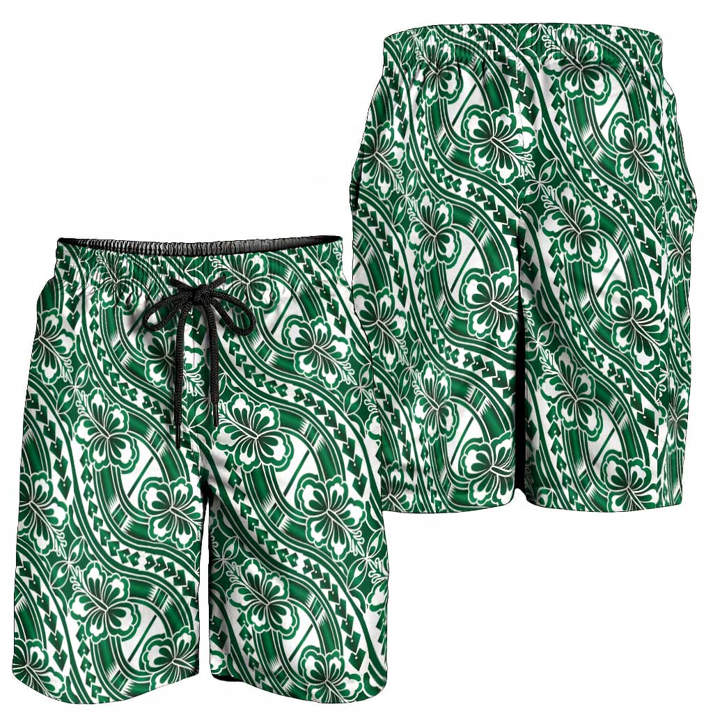 Hibiscus Bloom Island Tribal Waves Shorts for Men Green Polynesian Pattern LT01 - Polynesian Pride