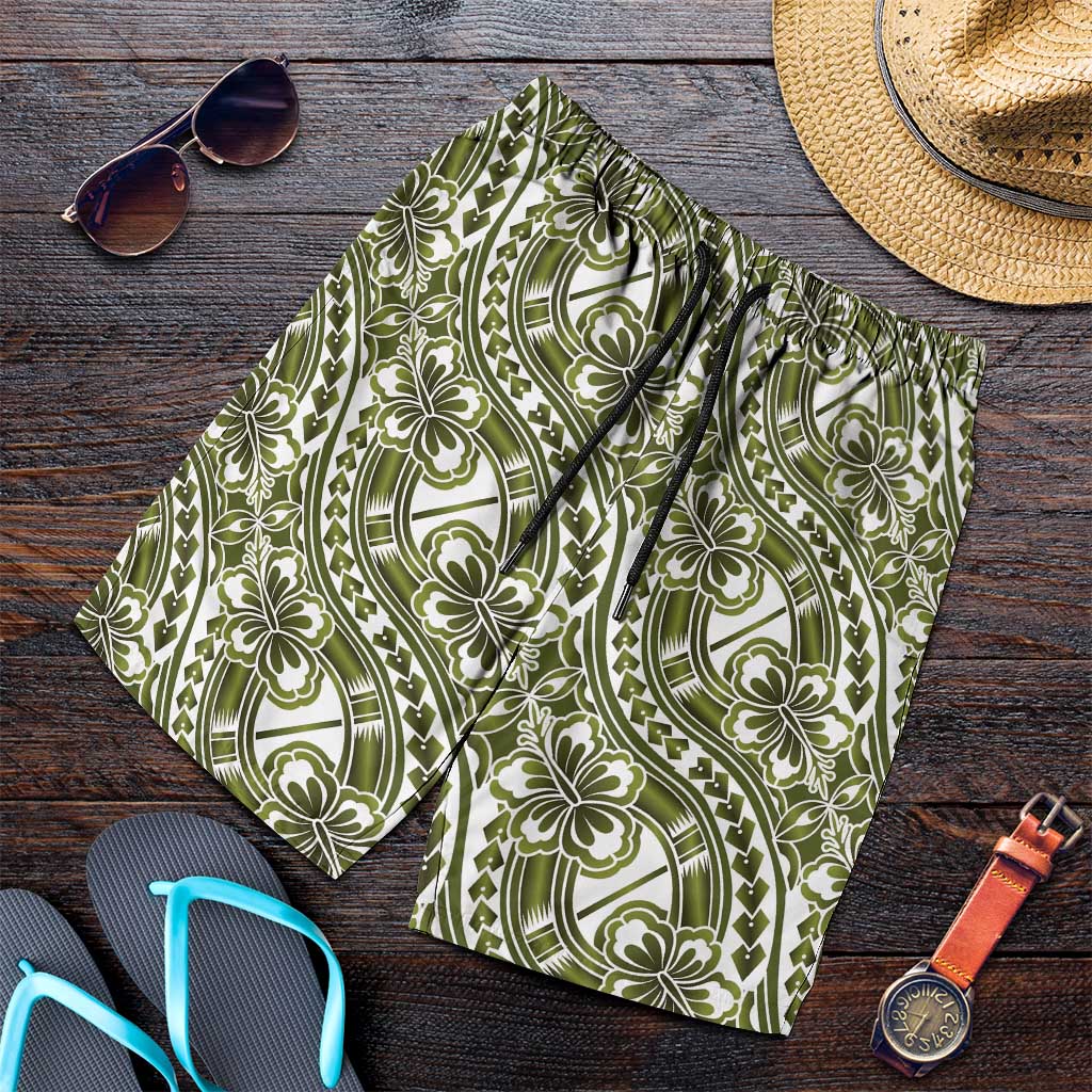 Hibiscus Bloom Island Tribal Waves Shorts for Men Olive Green Polynesian Pattern