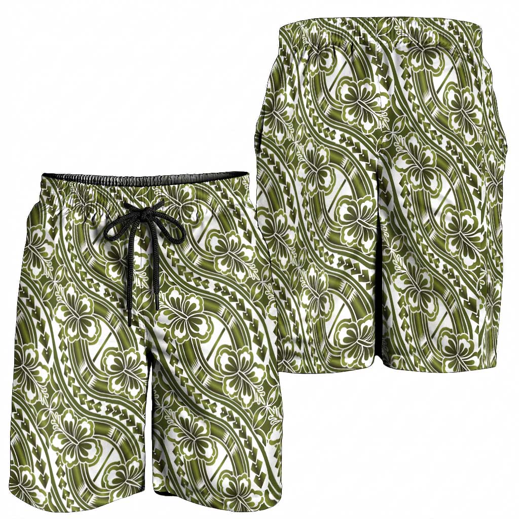 Hibiscus Bloom Island Tribal Waves Shorts for Men Olive Green Polynesian Pattern