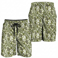Hibiscus Bloom Island Tribal Waves Shorts for Men Olive Green Polynesian Pattern