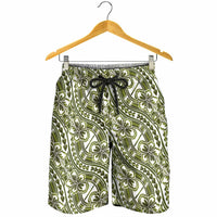 Hibiscus Bloom Island Tribal Waves Shorts for Men Olive Green Polynesian Pattern