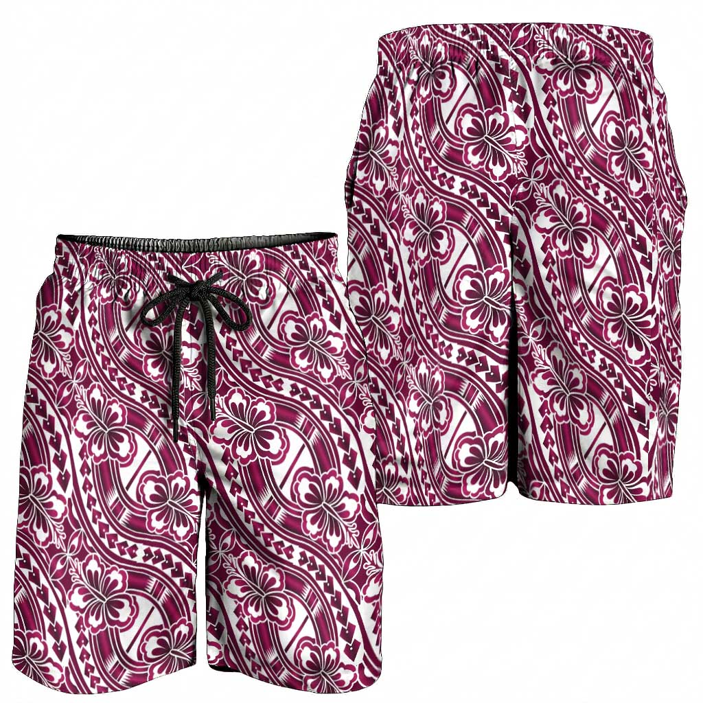 Hibiscus Bloom Island Tribal Waves Shorts for Men Pink Polynesian Pattern