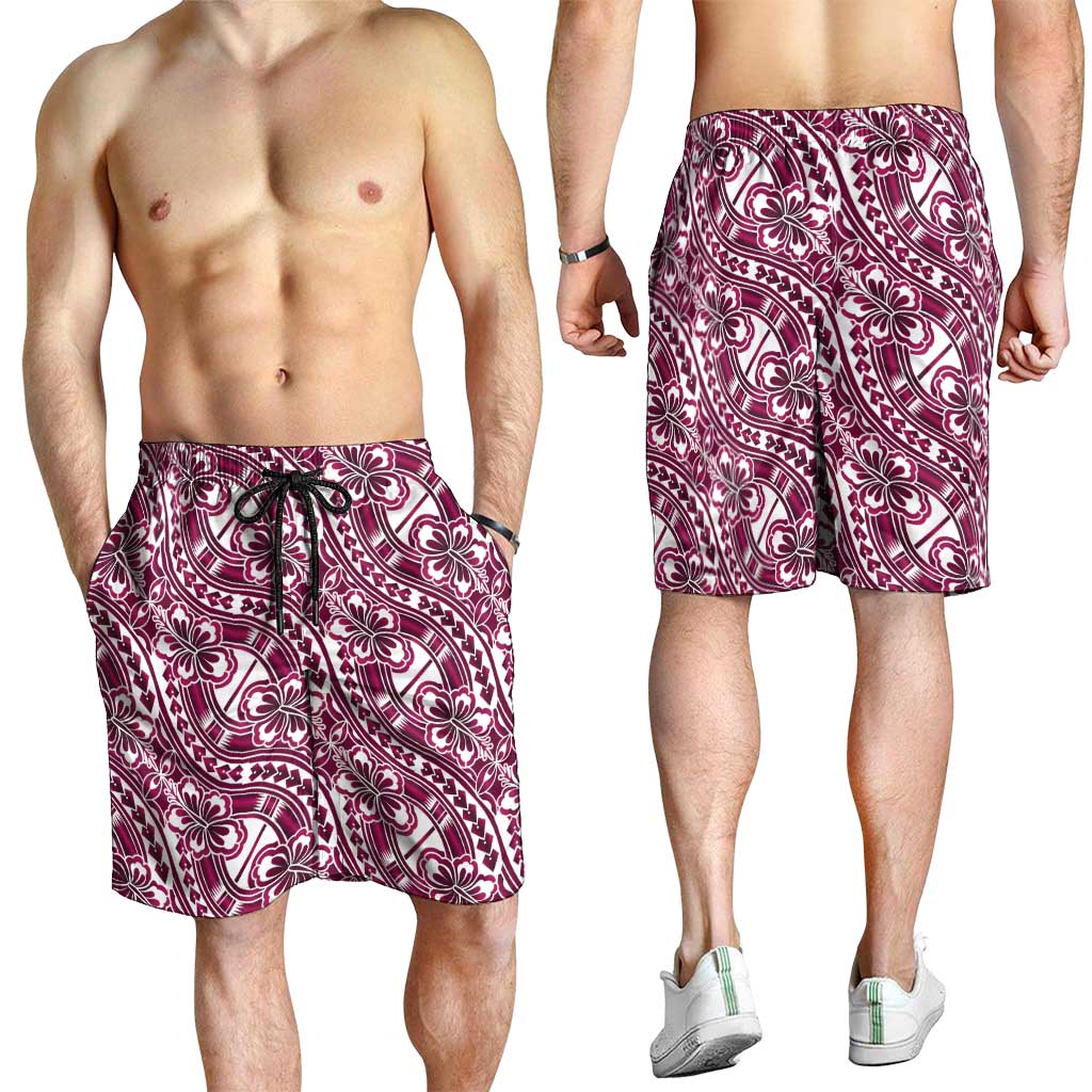 Hibiscus Bloom Island Tribal Waves Shorts for Men Pink Polynesian Pattern