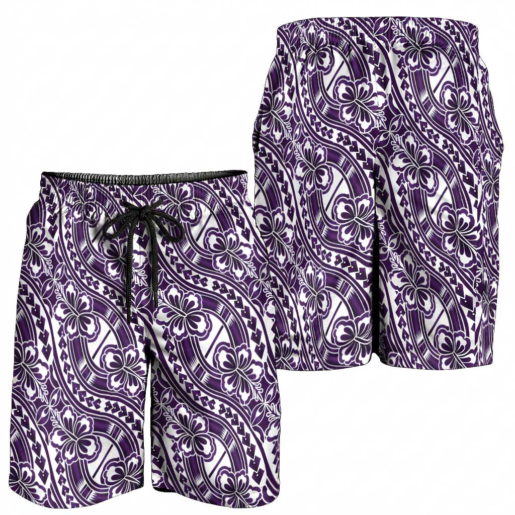 Hibiscus Bloom Island Tribal Waves Shorts for Men Purple Polynesian Pattern