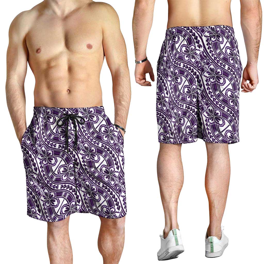 Hibiscus Bloom Island Tribal Waves Shorts for Men Purple Polynesian Pattern