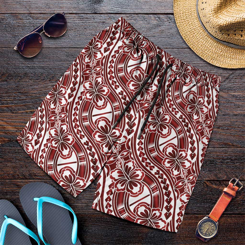 Hibiscus Bloom Island Tribal Waves Shorts for Men Red Polynesian Pattern