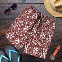 Hibiscus Bloom Island Tribal Waves Shorts for Men Red Polynesian Pattern