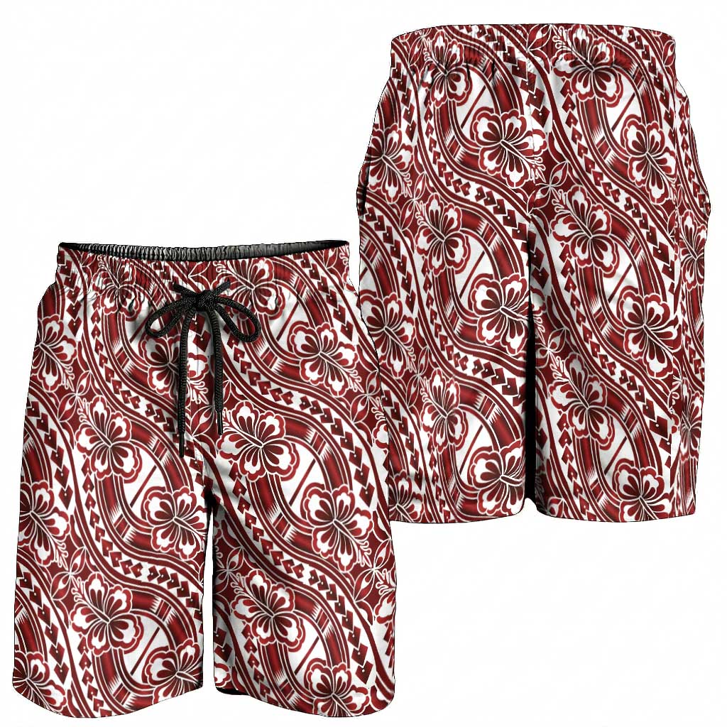 Hibiscus Bloom Island Tribal Waves Shorts for Men Red Polynesian Pattern