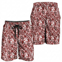 Hibiscus Bloom Island Tribal Waves Shorts for Men Red Polynesian Pattern