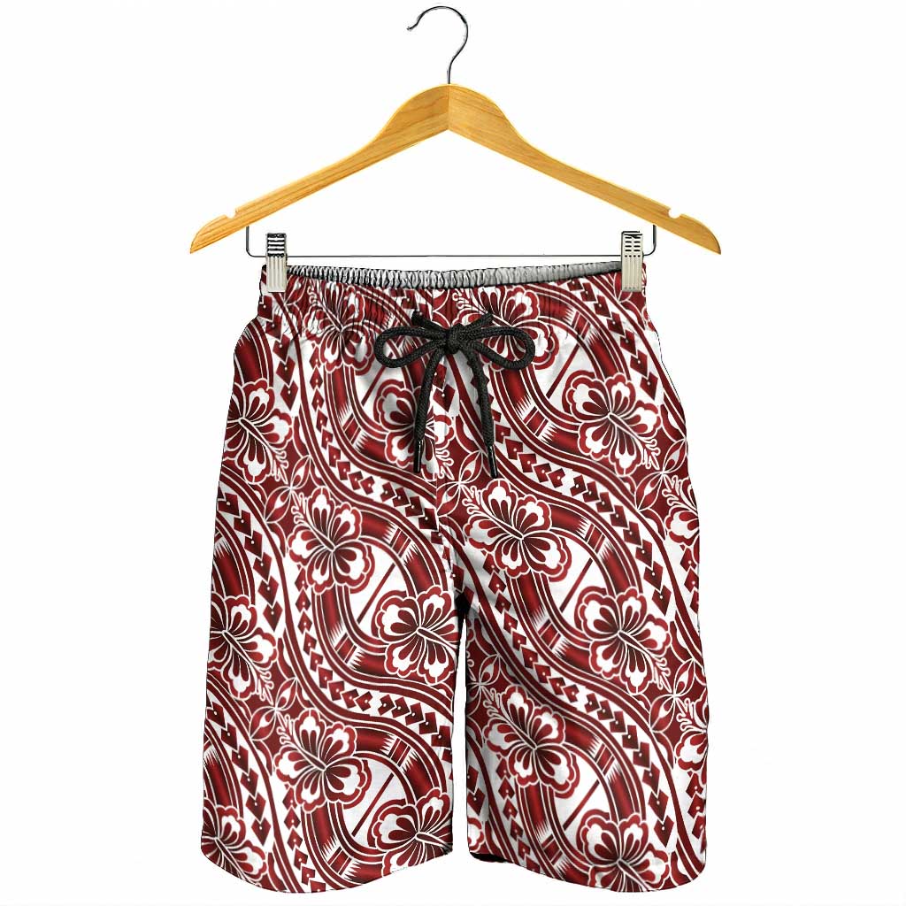 Hibiscus Bloom Island Tribal Waves Shorts for Men Red Polynesian Pattern