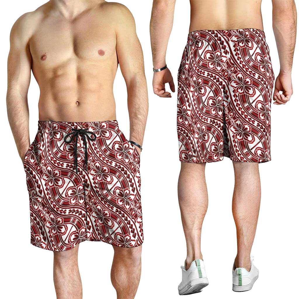 Hibiscus Bloom Island Tribal Waves Shorts for Men Red Polynesian Pattern