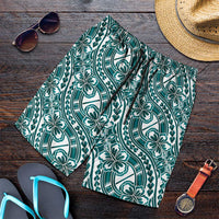 Hibiscus Bloom Island Tribal Waves Shorts for Men Teal Polynesian Pattern