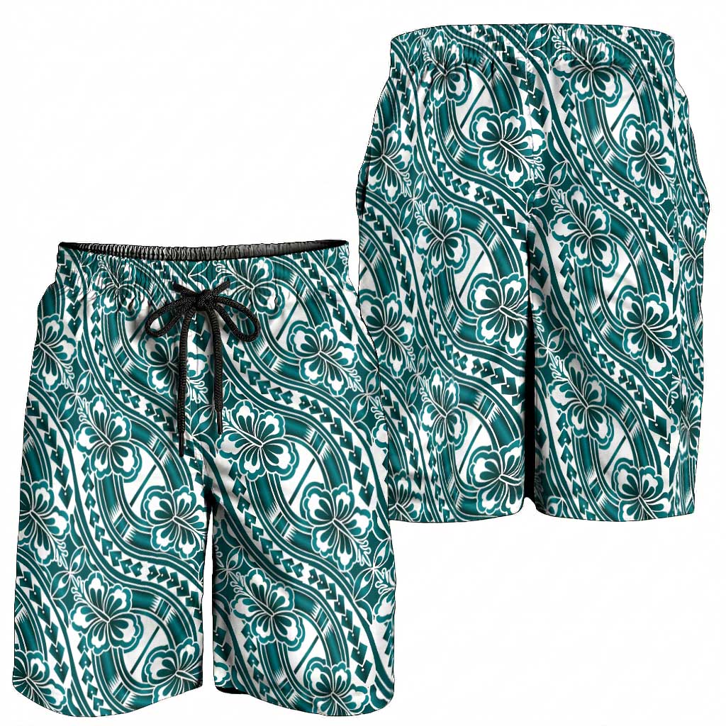Hibiscus Bloom Island Tribal Waves Shorts for Men Teal Polynesian Pattern