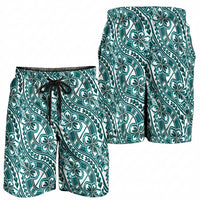 Hibiscus Bloom Island Tribal Waves Shorts for Men Teal Polynesian Pattern