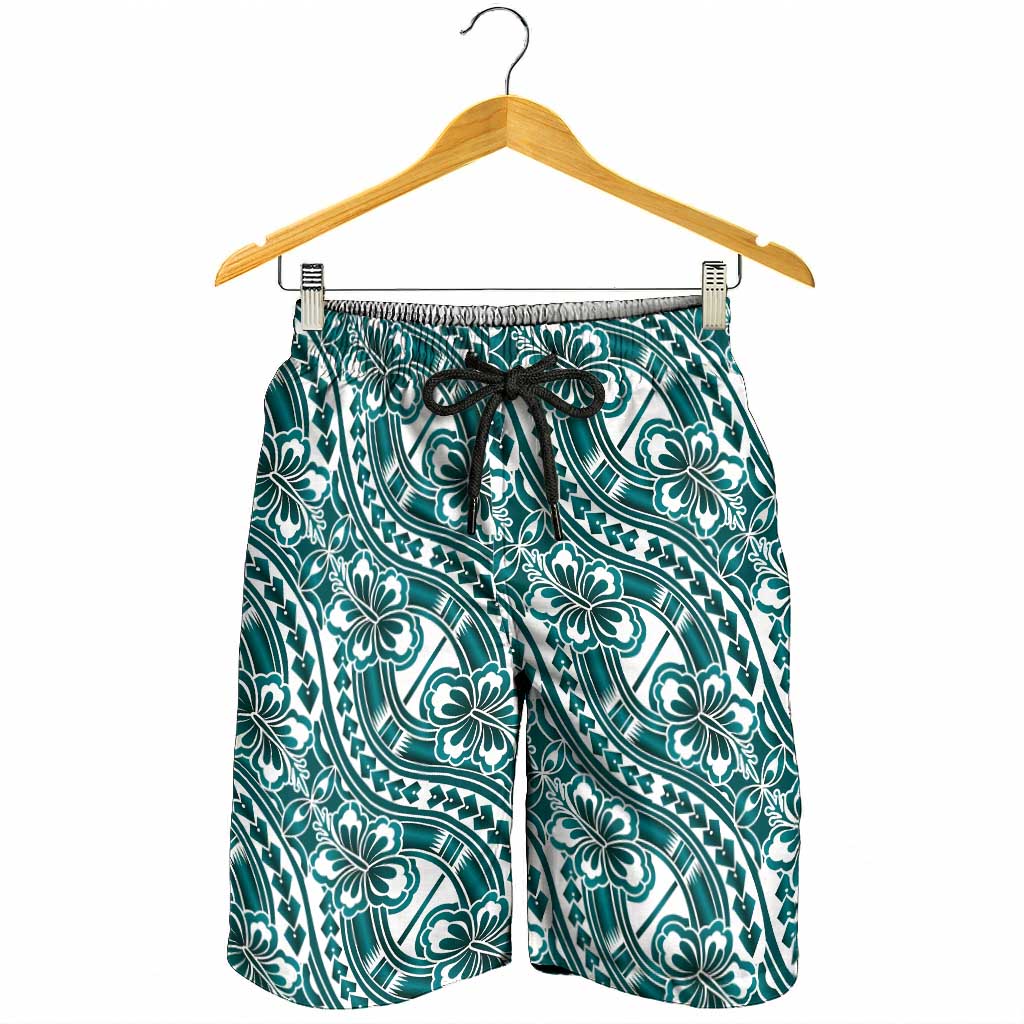Hibiscus Bloom Island Tribal Waves Shorts for Men Teal Polynesian Pattern
