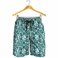 Hibiscus Bloom Island Tribal Waves Shorts for Men Teal Polynesian Pattern
