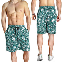 Hibiscus Bloom Island Tribal Waves Shorts for Men Teal Polynesian Pattern