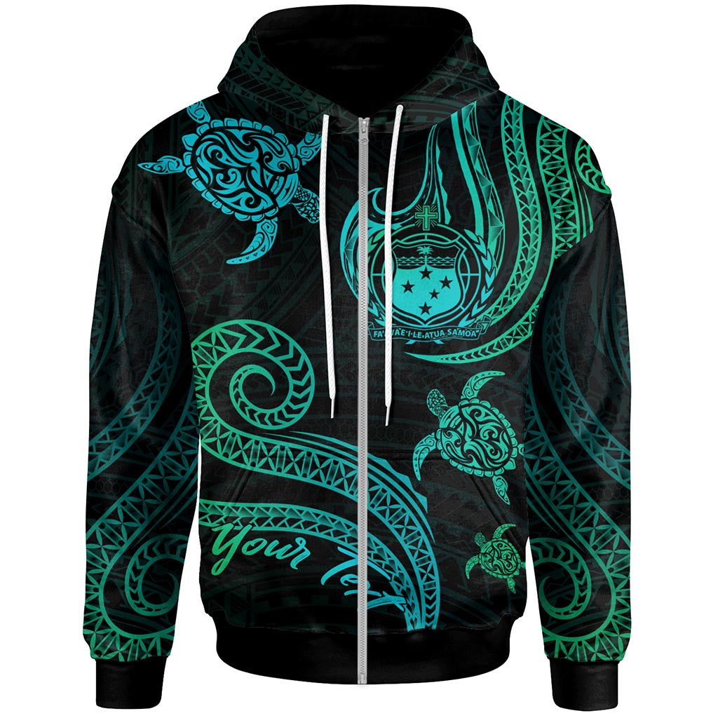 Samoa Custom Hoodie Polynesian Turtle With Pattern Zip Hoodie Blue Green - Polynesian Pride