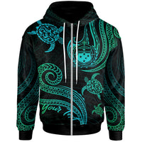 Samoa Custom Hoodie Polynesian Turtle With Pattern Zip Hoodie Blue Green - Polynesian Pride